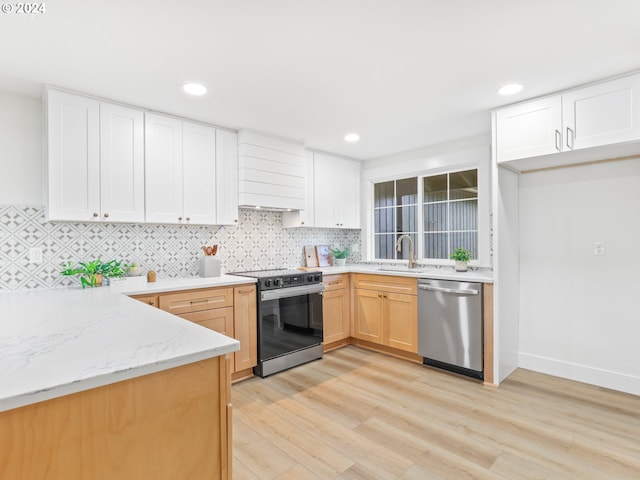 kitchen with white cabinets, range with electric cooktop, light hardwood / wood-style floors, and stainless steel dishwasher