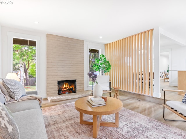 living room with a large fireplace and light hardwood / wood-style floors