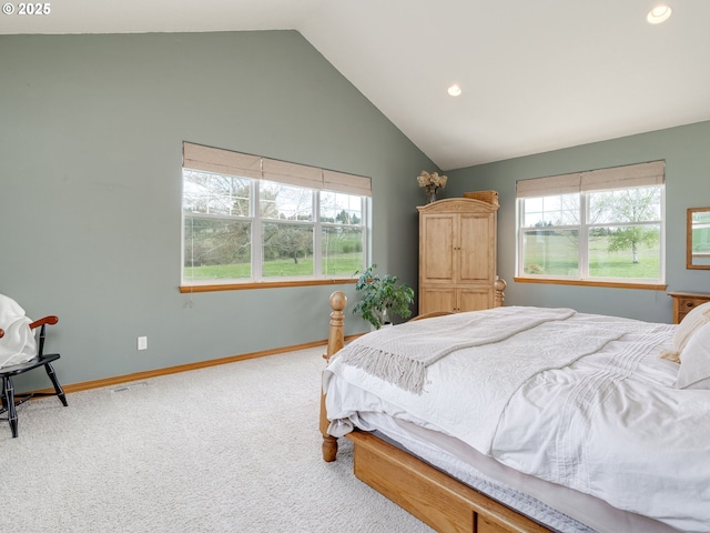 carpeted bedroom featuring high vaulted ceiling, recessed lighting, and baseboards