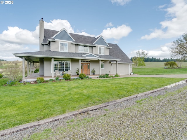 view of front of house featuring a front yard, a porch, a garage, driveway, and roof with shingles