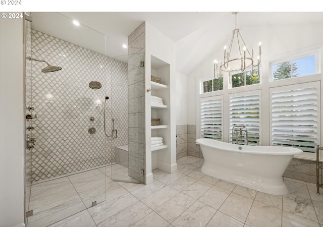 bathroom with a chandelier, vaulted ceiling, tile walls, and independent shower and bath