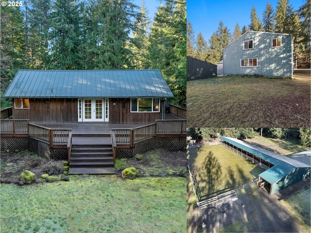 20480 E Lolo Pass Rd, Rhododendron, OR 97049 - rear view of property with french doors, a metal roof, a wooden deck, and a lawn