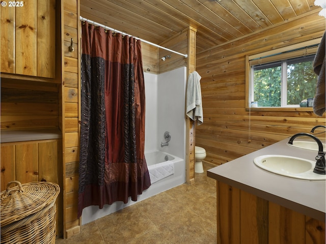 full bathroom with toilet, wooden walls, wood ceiling, shower / tub combo, and vanity