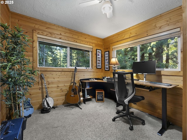 office space with carpet floors, wood walls, and a textured ceiling