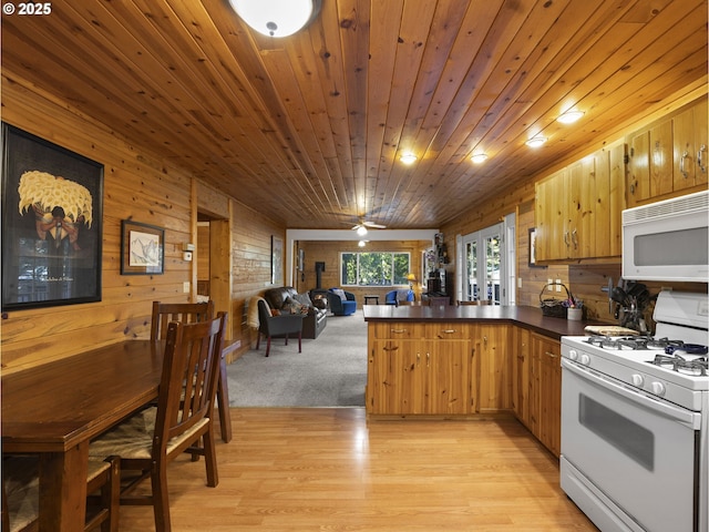 kitchen featuring wooden walls, white appliances, wood ceiling, and kitchen peninsula