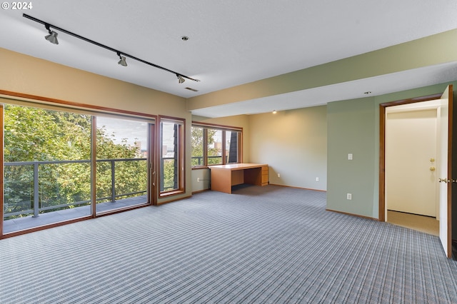 empty room with carpet flooring and rail lighting