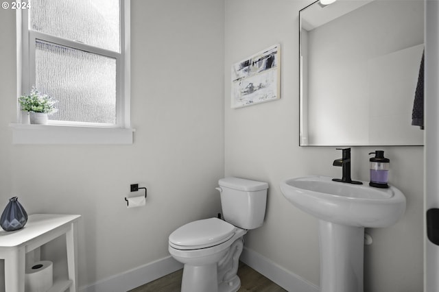 bathroom with hardwood / wood-style floors and toilet