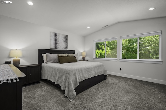 bedroom with dark carpet and lofted ceiling