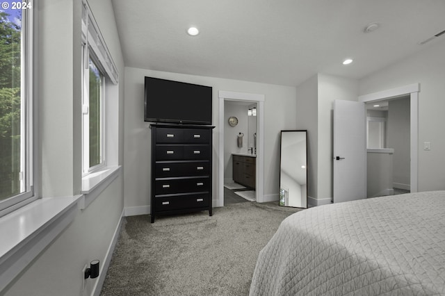 carpeted bedroom featuring ensuite bath and multiple windows