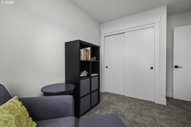 bedroom with dark colored carpet and a closet