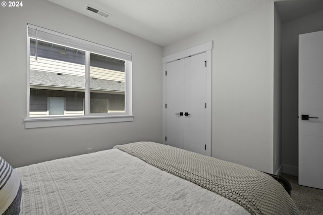 bedroom featuring carpet, a textured ceiling, and a closet