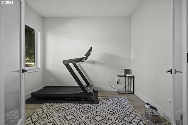 workout area with hardwood / wood-style floors