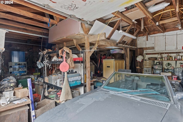 garage with a workshop area