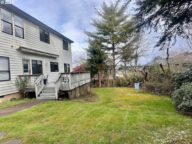 view of yard with a deck and fence