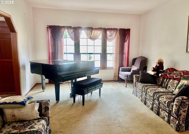 living area with carpet flooring and baseboards