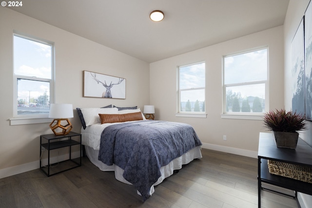 bedroom featuring multiple windows and dark hardwood / wood-style floors