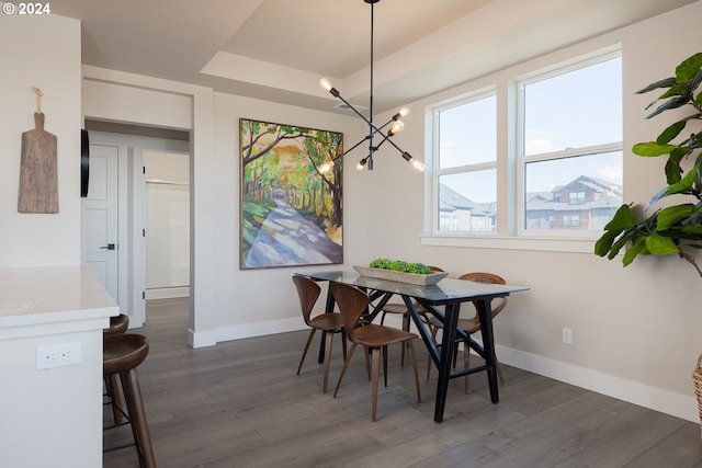 dining room with a tray ceiling, a notable chandelier, and dark hardwood / wood-style floors