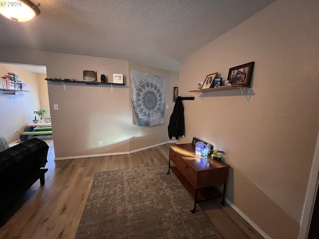 interior space featuring hardwood / wood-style flooring and a textured ceiling