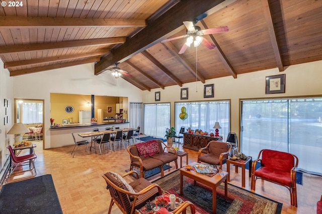 living room with high vaulted ceiling, wood ceiling, a wealth of natural light, and beamed ceiling