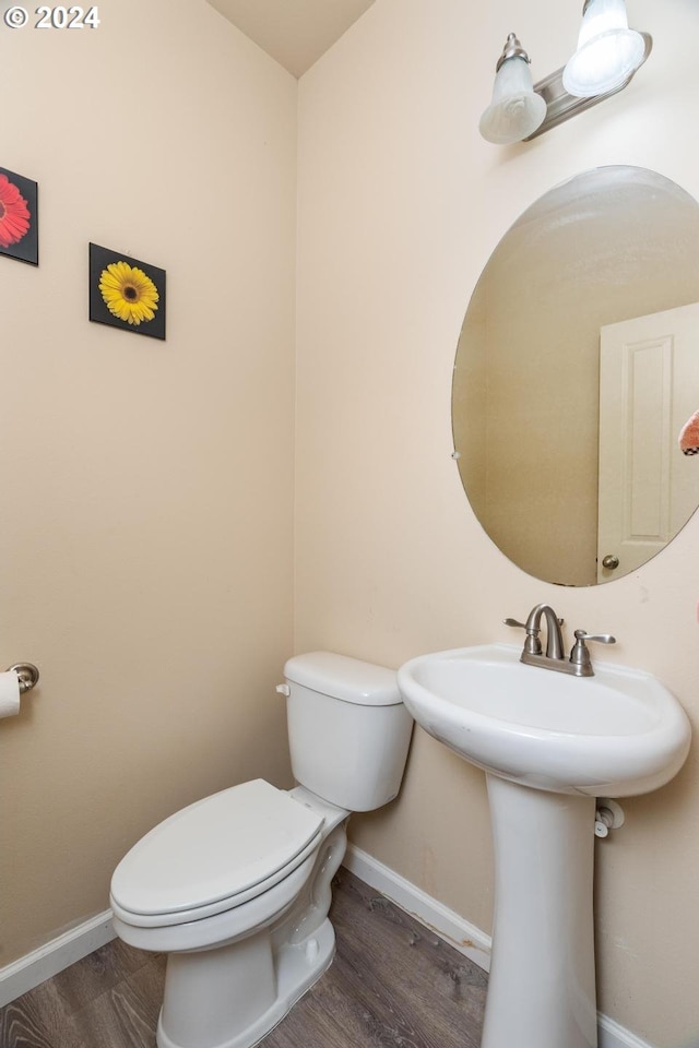 bathroom with wood-type flooring, toilet, and sink