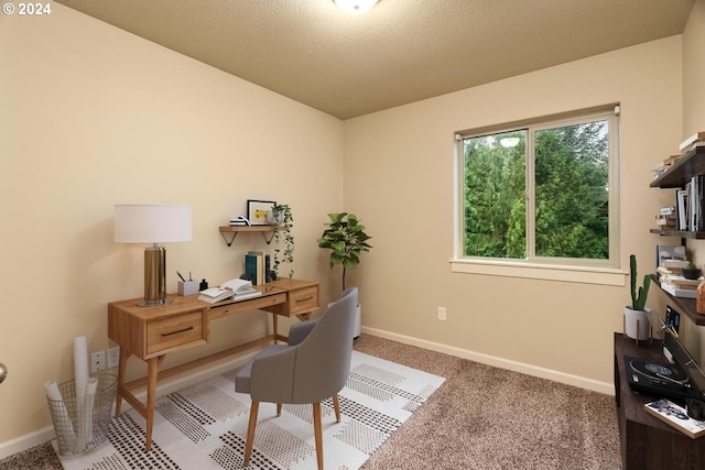 office area featuring carpet flooring and a textured ceiling