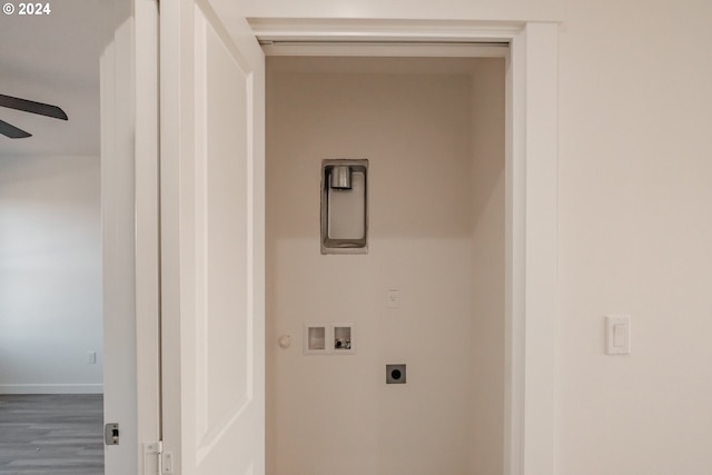 washroom featuring ceiling fan, dark hardwood / wood-style flooring, washer hookup, and hookup for an electric dryer