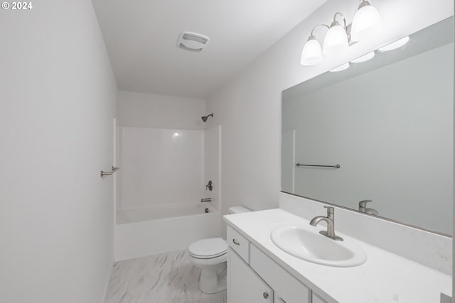 full bathroom with toilet, vanity, and washtub / shower combination