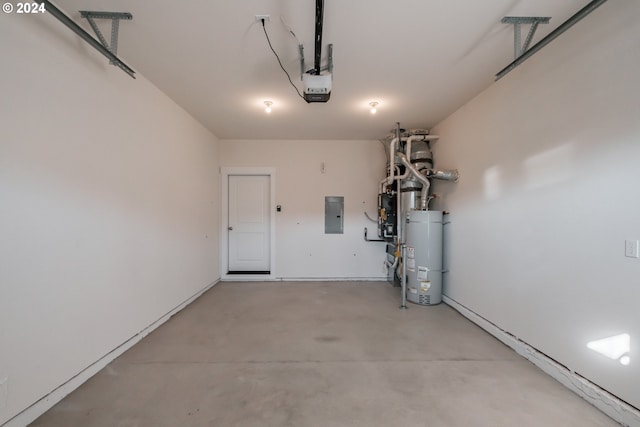 garage with electric panel, water heater, and a garage door opener