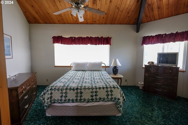 carpeted bedroom with wooden ceiling, ceiling fan, and lofted ceiling