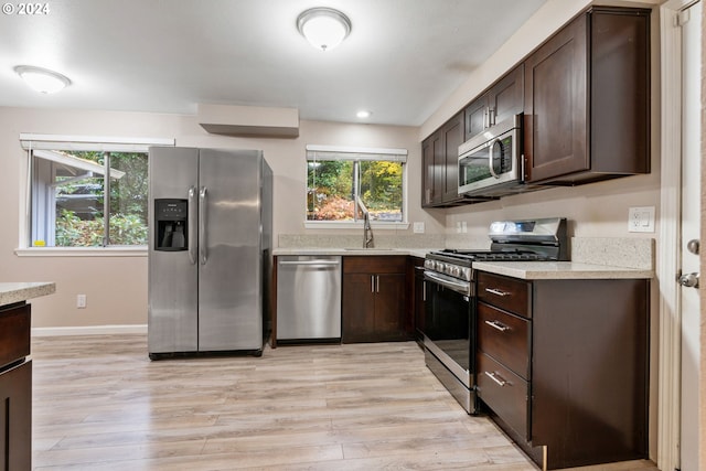 kitchen with sink, dark brown cabinets, light wood-type flooring, and appliances with stainless steel finishes