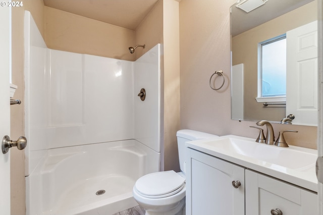 bathroom featuring a shower, vanity, and toilet