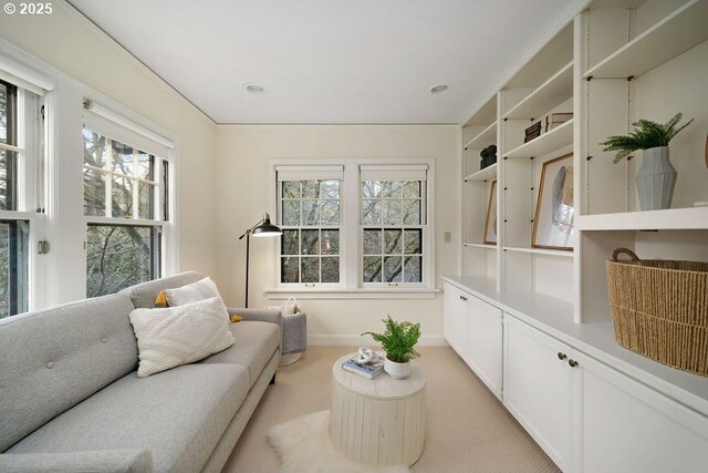 bedroom with light colored carpet