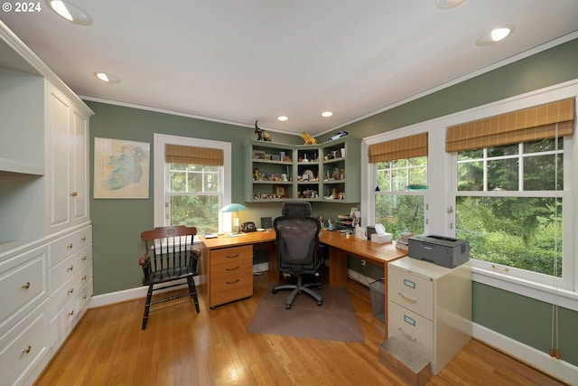 home office featuring light hardwood / wood-style flooring, crown molding, and a healthy amount of sunlight