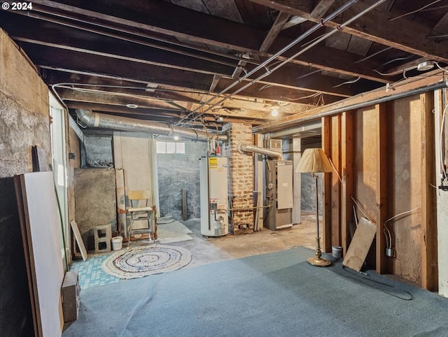 basement featuring water heater and heating unit