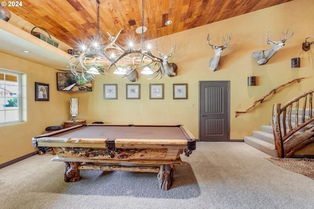 game room with pool table, carpet flooring, and wood ceiling