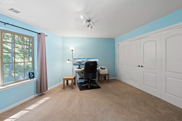 office area featuring light colored carpet and rail lighting