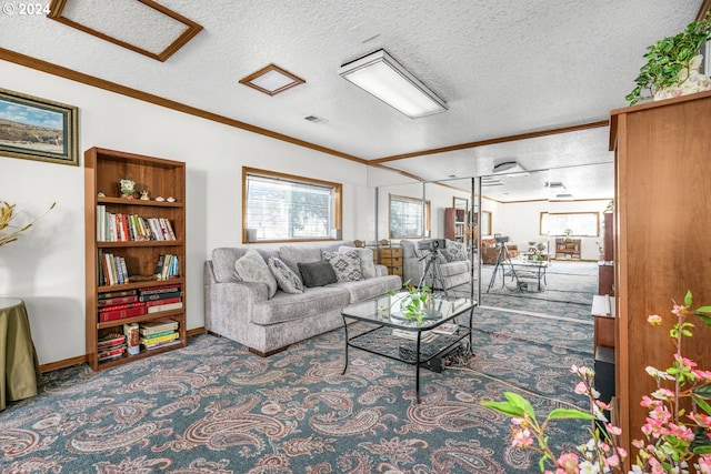 1730 SE 148th Ave, Portland, OR 97233 - living room featuring crown molding, visible vents, carpet flooring, a textured ceiling, and baseboards