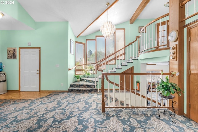 entryway with beamed ceiling, high vaulted ceiling, an inviting chandelier, and parquet floors