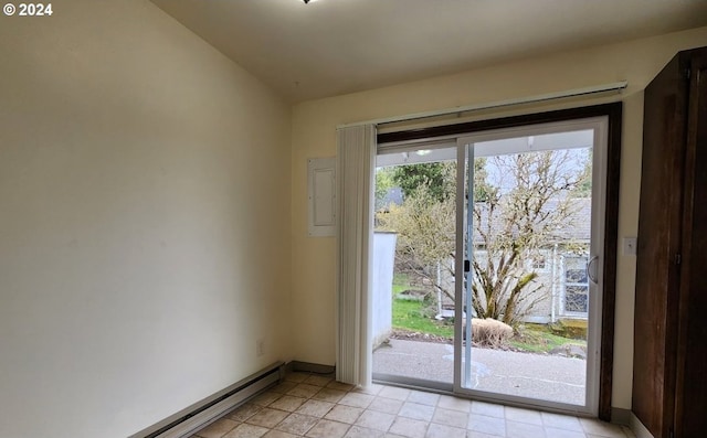 doorway to outside featuring baseboard heating and electric panel