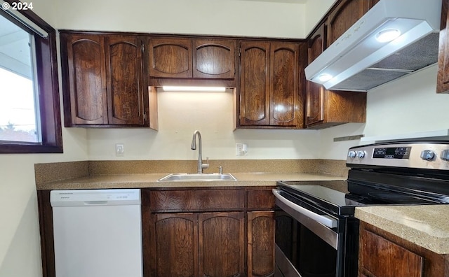 kitchen with dark brown cabinetry, white dishwasher, sink, stainless steel electric range, and range hood