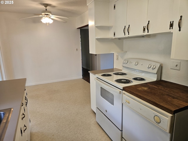 kitchen with open shelves, white cabinets, ceiling fan, baseboards, and white electric stove