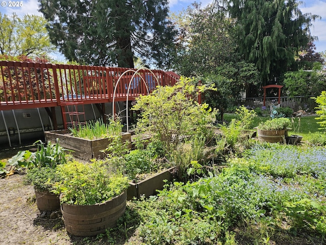 view of yard featuring a vegetable garden and a wooden deck