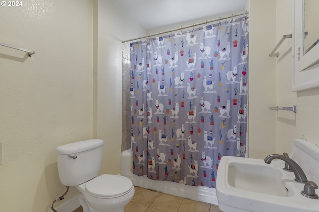 full bathroom with sink, toilet, shower / bathtub combination with curtain, and tile patterned floors