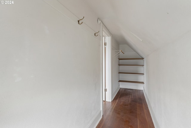 hallway featuring wood-type flooring and lofted ceiling