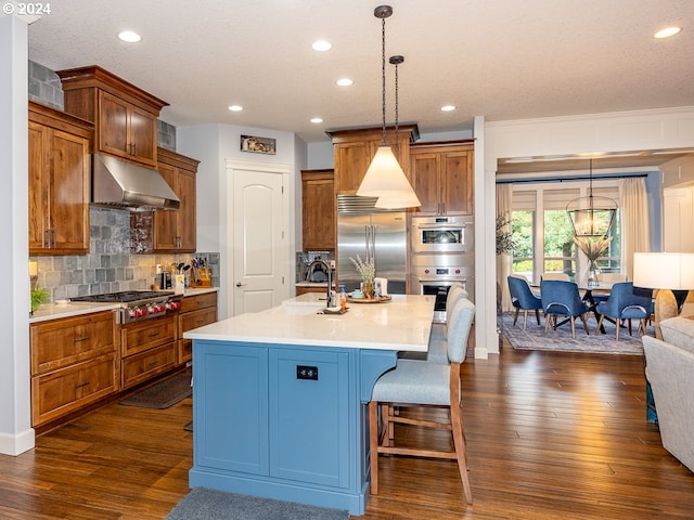 kitchen featuring pendant lighting, dark wood-type flooring, a kitchen island with sink, and stainless steel appliances