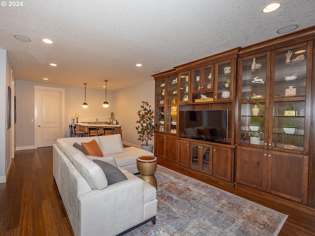 living room with dark hardwood / wood-style floors and a textured ceiling