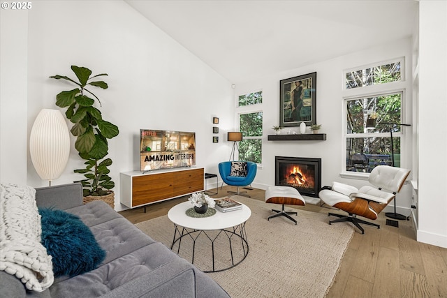 living area featuring plenty of natural light, high vaulted ceiling, hardwood / wood-style floors, and a glass covered fireplace