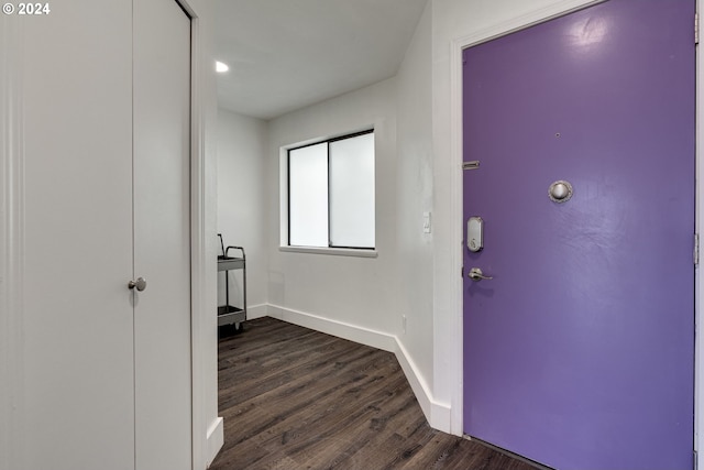 foyer entrance with baseboards and dark wood-type flooring