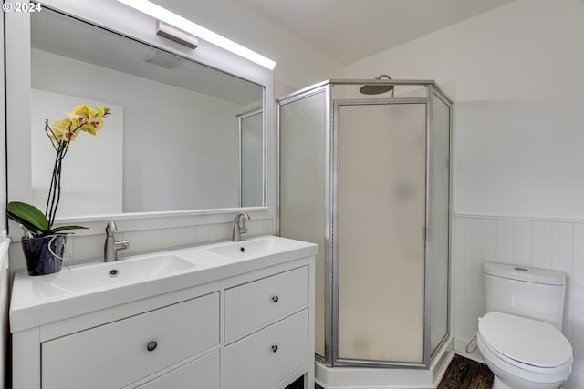 bathroom featuring vanity, an enclosed shower, and toilet