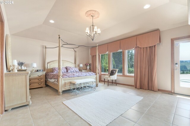 bedroom featuring multiple windows, a chandelier, access to outside, and light tile patterned floors